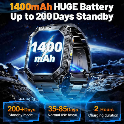 2026 New Built-in 1400mAh Super Large Battery Men Smart Watch Outdoor GPS 2.01"AMOLED Screen 10ATM Waterproof BT Call Smartwatch