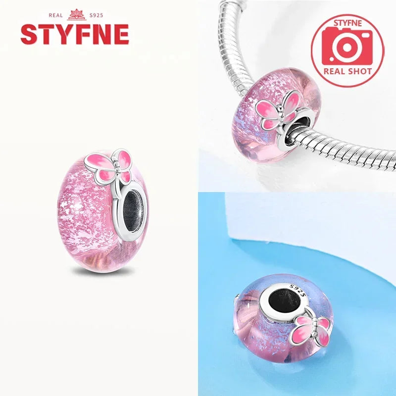 925 Sterling Silver Pink Color Series Beads Heart Flower Murano Glass DIY Jewelry Charms Fit Original Bracelet for Women Fine Gifts