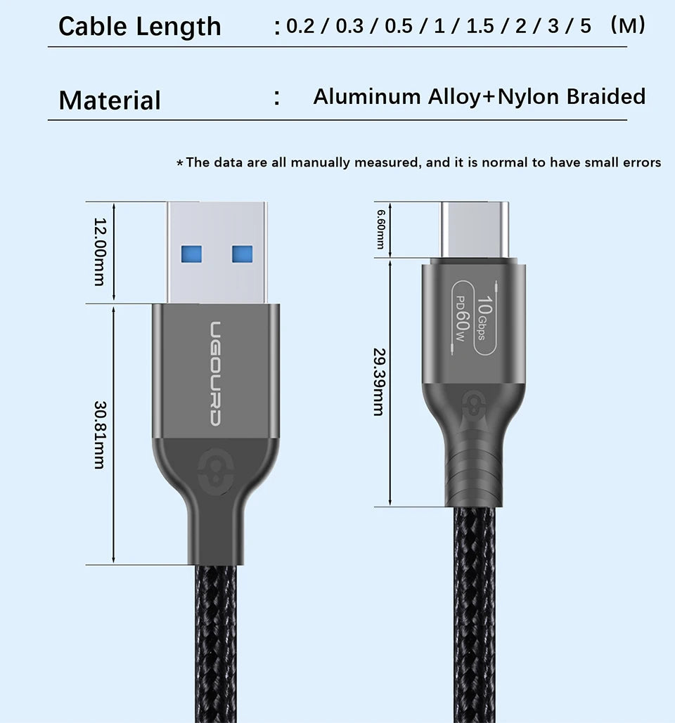 USB3.2 USB3.1 Gen2, 10Gbps Cable, USB-A to USB Type C Cable, 3A 60W Fast Charging, 10G Data Transfer Cord, USB-C for SSD Hard Disk