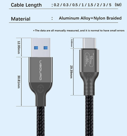USB3.2 USB3.1 Gen2, 10Gbps Cable, USB-A to USB Type C Cable, 3A 60W Fast Charging, 10G Data Transfer Cord, USB-C for SSD Hard Disk