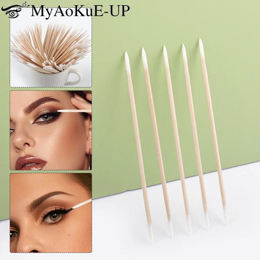 100/300/500 Pcs Long Double Head Wood Cotton Swab Nose Ears Cleaning Women Makeup Tool Lipstick Cotton Buds Tip Sticks Microbrush