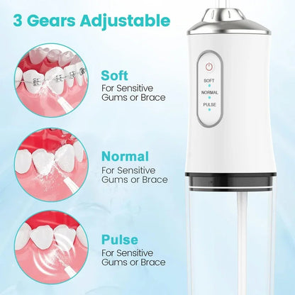 Oral Irrigator, Portable Dental Water Flosser, USB Rechargeable Water Jet Floss, Tooth Pick 4 Jet Tip 220ml 3 Modes