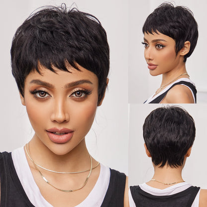 100% Remy Human Hair Wigs, Ombre Blonde Short Bob Pixie Cut Machine Made Wig with Bangs, Human Hair Natural Layered Wigs for Women