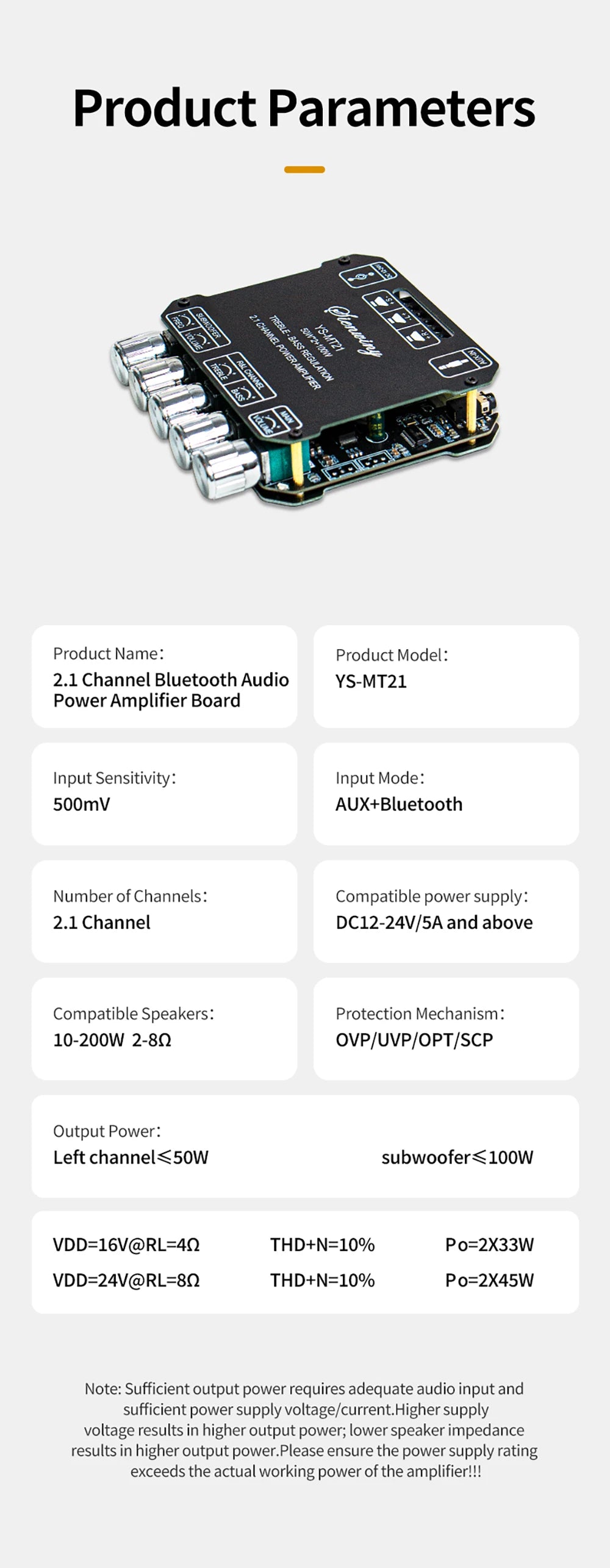 2.1 Channel Bluetooth 5.0 Subwoofer Amplifier Board 50W x 2 + 100W Power Audio Stereo Amplifier Board Bass AMP AUX