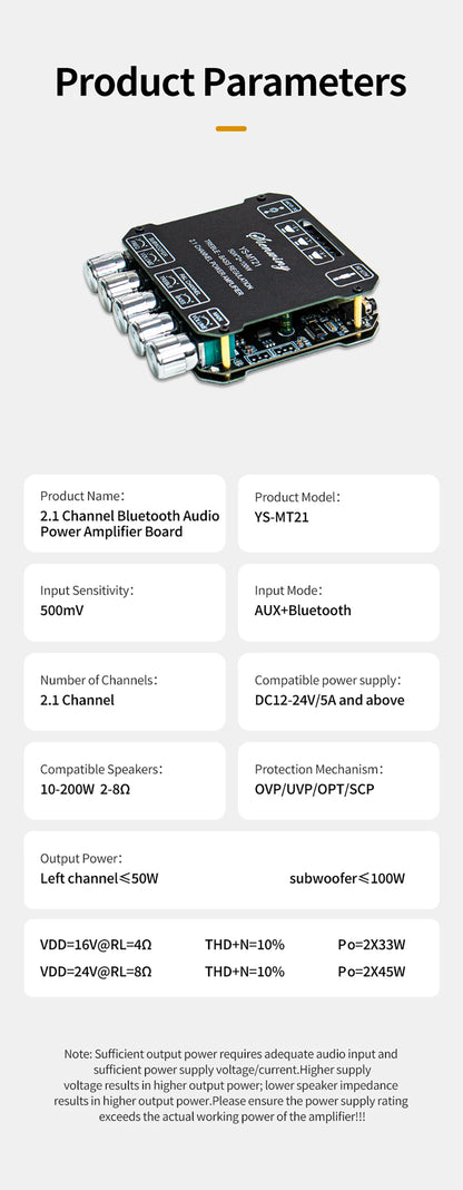 2.1 Channel Bluetooth 5.0 Subwoofer Amplifier Board 50W x 2 + 100W Power Audio Stereo Amplifier Board Bass AMP AUX