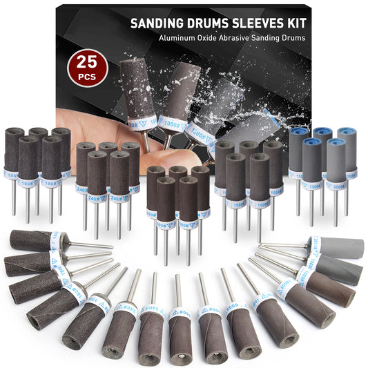 25Pcs, Sanding Drums, Sandpaper Sticks Set with 1/8"(3mm) Shank for Dremel Rotary Tool, 180/240/600/1000/1500/2000 Grits Different