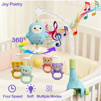 360° Musical Baby Crib Mobile Rotating Night Light Bed Bell Toy Four Speed Timing Hanging Infant Newborn Rattle Bedside Gift