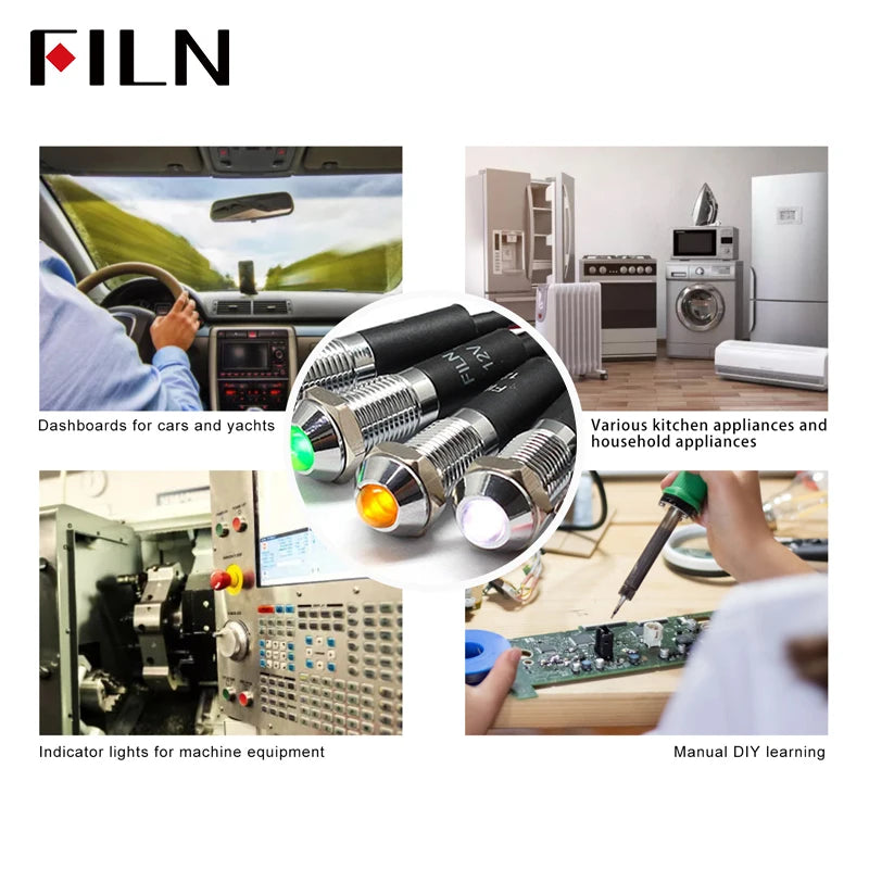 FILN 8mm LED Light Panel Mounted Raised Head LED Light Panel Black Metal Shell Mini 12V 24V 110V 220V With 20cm Cable