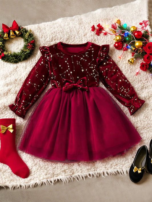 Girl's Autumn Winter Velvet Long-Sleeved Mesh Bow Princess Dress - New Year Children's Party Festive Dress