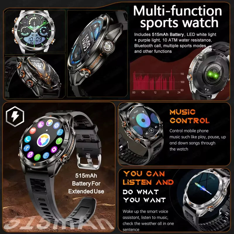 New Outdoor Sport Smart Watch, For Men, 1.46" AMOLED Screen LED, Flashlight, 515mAh Battery, 10ATM Waterproof, Bluetooth Call Smartwatch