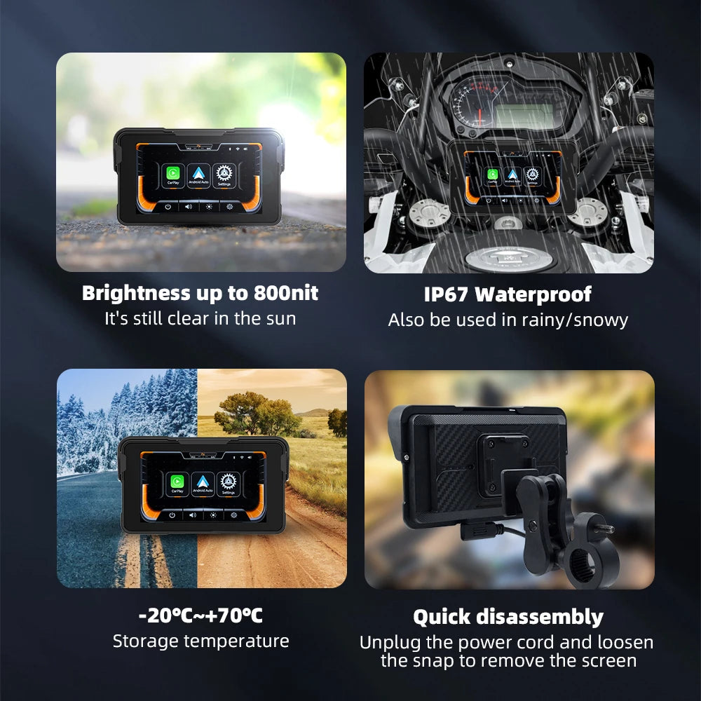 EKIY 5 inch GPS Navigation Motorcycle Wireless Carplay Android Auto IPX67 Waterproof Portable Screen BT Moto Motorbike Monitor
