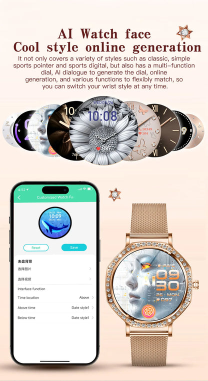 Luxury Women's Smartwatches Diamond Dial Fashion Smart Watch Heart Rate Monitor Sleep Tracking IP67 Waterproof For Android & IOS