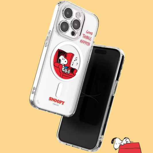 S-Snoopy Wireless Charging Case for iPhone 17 Air 16 E 15 14 13 12 Mini 11 Pro Max Transparent Acrylic Silicone Edge Hard Cover