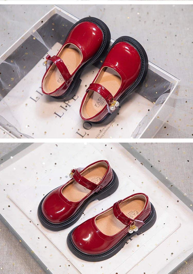 Girls' Chic Leather Princess Mary Janes with Pearl Pendant for Wedding Party, Back to School, Dress Flats (Sizes 26-36)