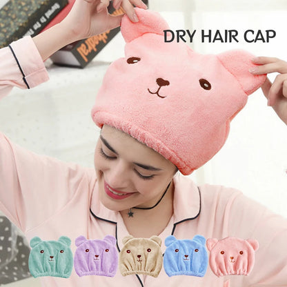 Thinnest Dry Hair Cap for Women, Quick-Drying Absorbent Microfiber Head Towel with Korean Cute Bear Embroidery, Shower Cap Towel