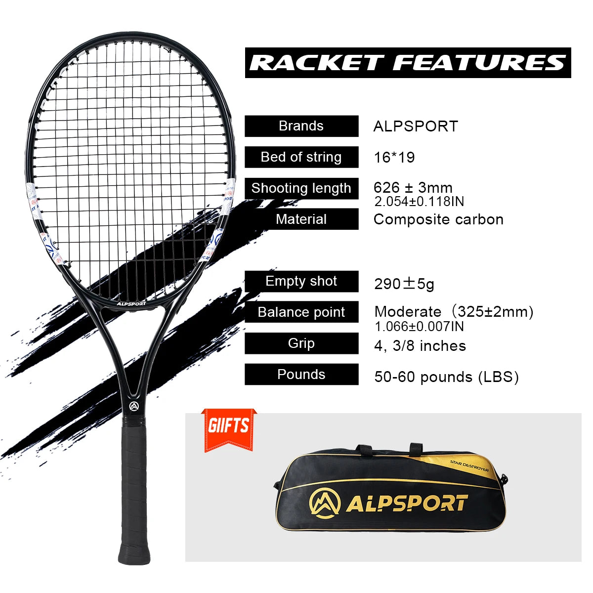 Carbon Fiber Tennis Racket, T800 18K-Professional Grade with Bag&Strap Lightweight Training Racquet for Adults Men&Women, ALPSPORT