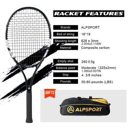 Carbon Fiber Tennis Racket, T800 18K-Professional Grade with Bag&Strap Lightweight Training Racquet for Adults Men&Women, ALPSPORT