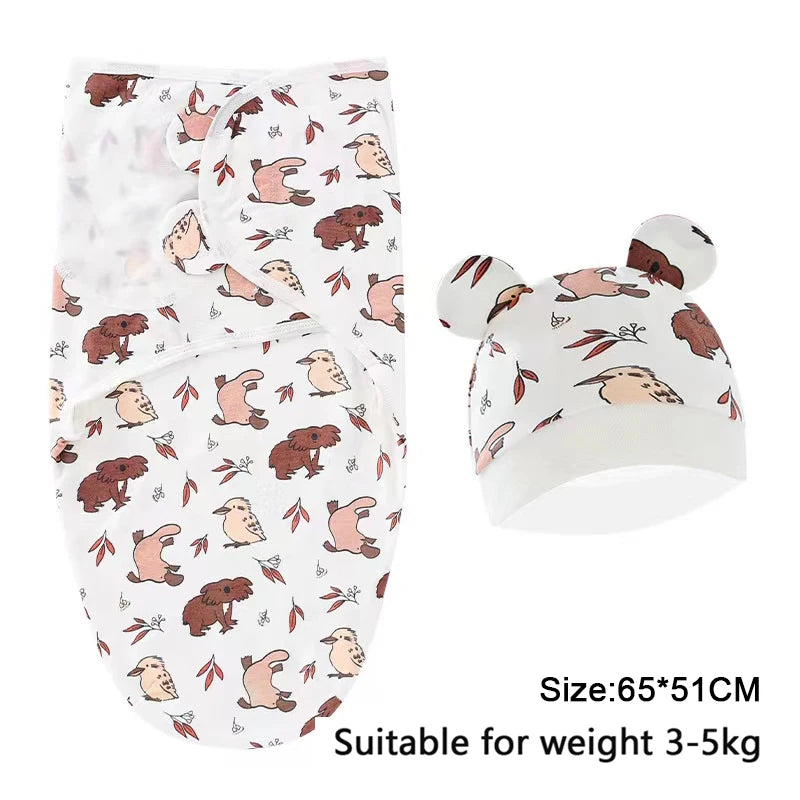 Baby Blanket Hat Set, Cartoon Printed Cotton Newborn Swaddle, Adjustable Infant Sleeping Swaddle Wraps, All Seasons, 0-6 Months