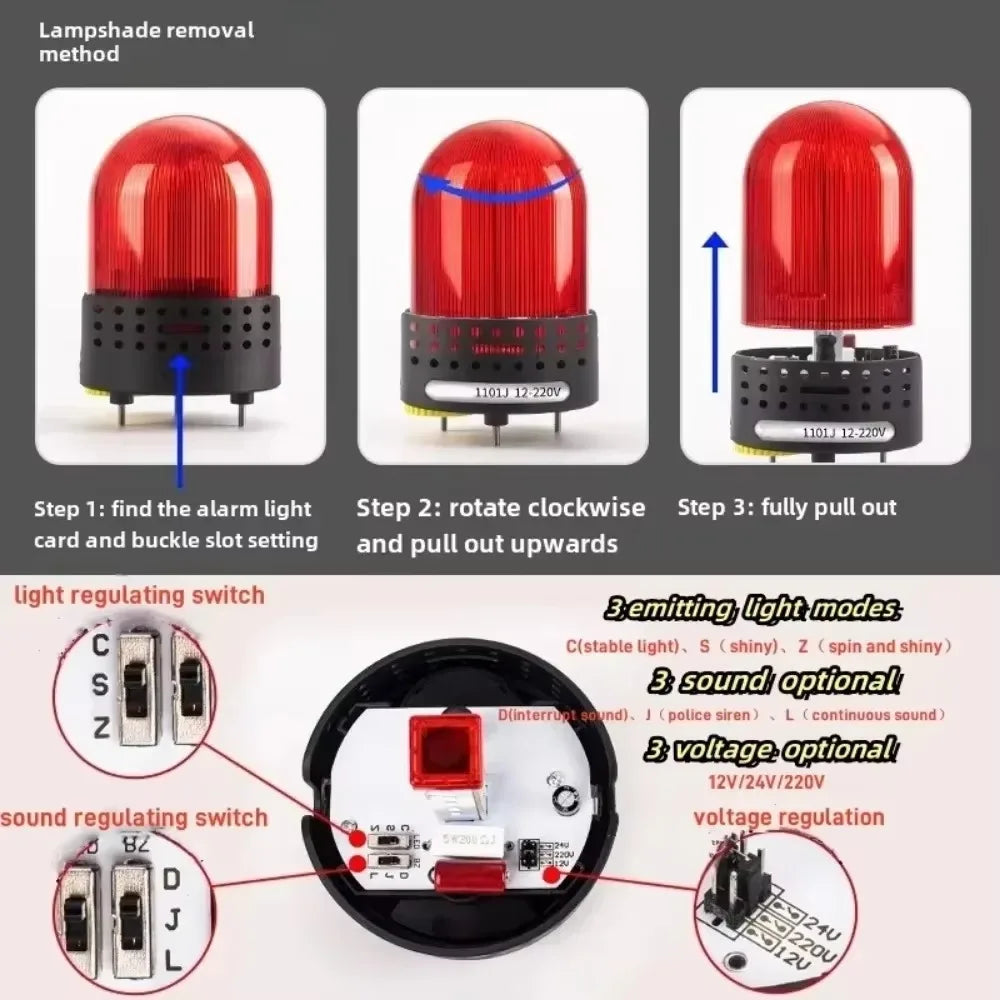 Three Sound Modes Emitting LTE-1101J Light Flashing Shiny Warning Light 120dB Volume Adjustable Magnetic Base 12V 24V 220V
