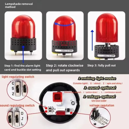 Three Sound Modes Emitting LTE-1101J Light Flashing Shiny Warning Light 120dB Volume Adjustable Magnetic Base 12V 24V 220V