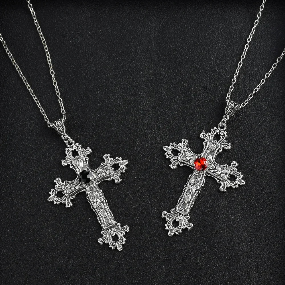 Y2K Punk Crystal Big Cross Pendant Necklaces for Women Men, Gothic Irregular Cross Clavicle Chain Necklaces, Aesthetic Jewelry