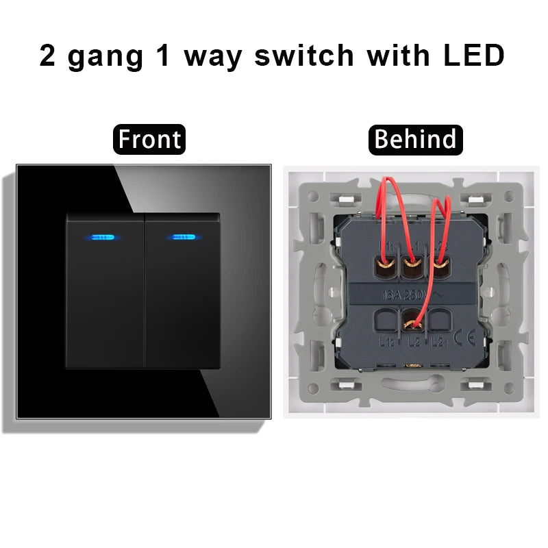 novski Crystal Tempered Glass Panel 1 Gang 1way, 1 Gang 2way, 2 Gang 1way, 2 Gang 2way, Wall Switch with LED Indicator 16A 250V