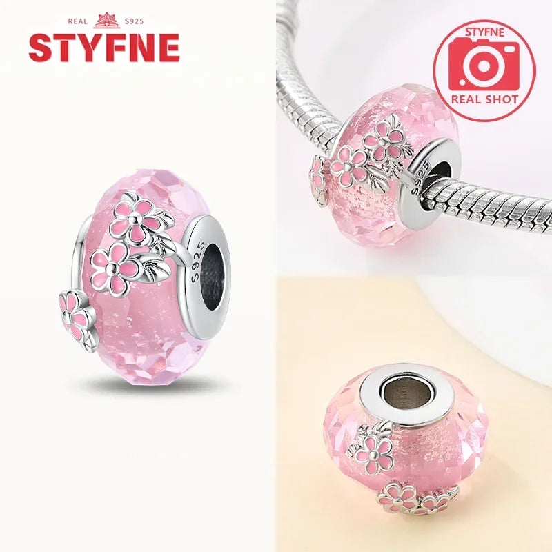 925 Sterling Silver Pink Color Series Beads Heart Flower Murano Glass DIY Jewelry Charms Fit Original Bracelet for Women Fine Gifts
