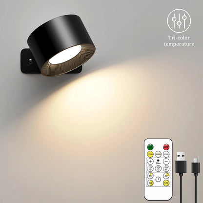 LED Wall Lights with Remote, Rechargeable Wall Mounted Reading Sconces Lamp 2000mAh, 3 Colors & Dimmable Magnetic 360° Rotation