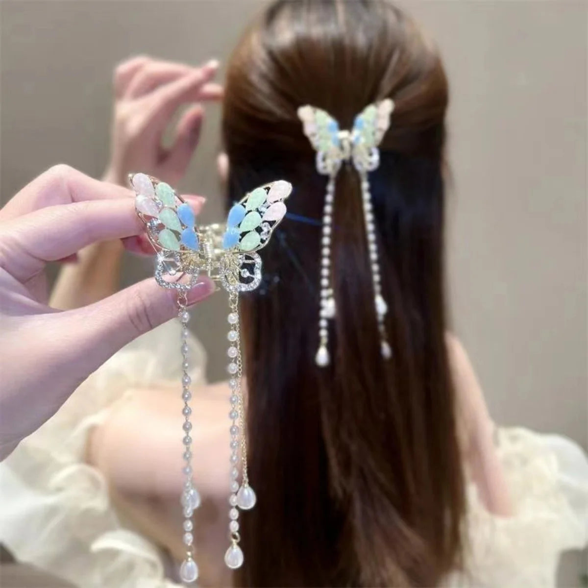 Glitter Shark Grip Clips Korean Style Sweet Romantic Hair Claws Butterfly Shape Girls Pearl Tassel Metal Jewelry Hair Accessory