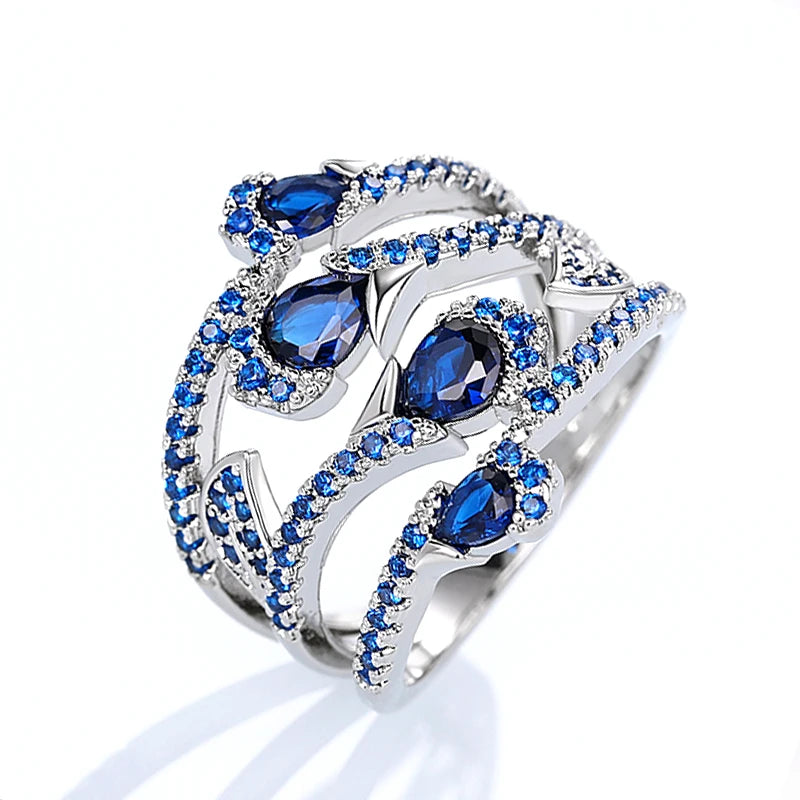 Huitan Gorgeous Blue Cubic Zirconia Wedding Rings for Women Newly Designed Fashionable Female Accessories Party Trendy Jewelry