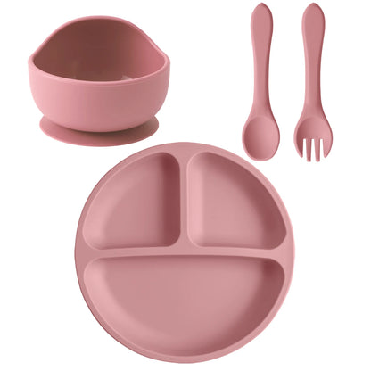 4PCS Baby Silicone Feeding Set Suction Dishes Plate Spoon Fork BPA Free Sucker Bowl Toddler Training Tableware Essentials