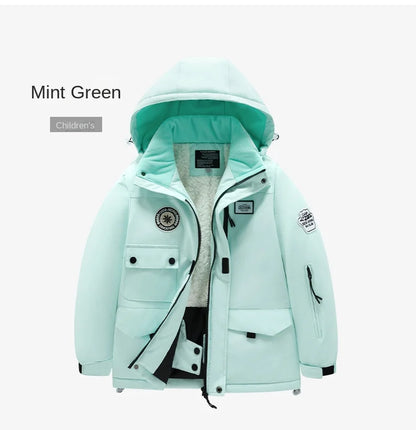 Winter children's skiing suit for boys and girls, windproof and waterproof thick coat for warmth and snow playing equipment