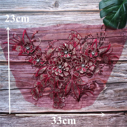 Grey Blue Red 3D Flower Leaf Lace Fabric Sequin Rhinestone Embroidered Gown Appliques Collar Mesh Sew Patch For Wedding Decor