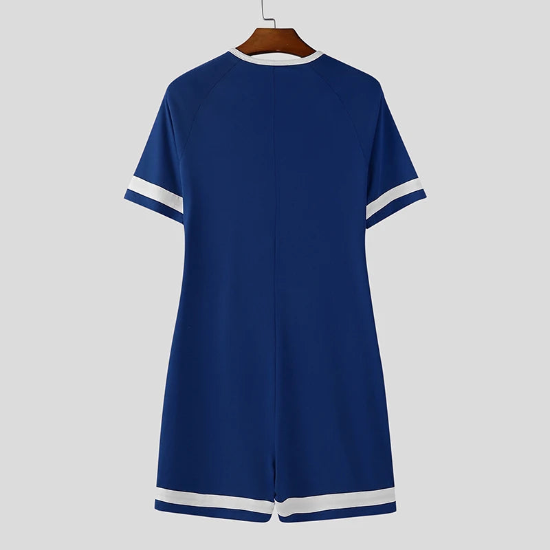 INCERUN Men Bodysuits Patchwork Zipper O-neck Short Sleeve Cozy Male Rompers Playsuits Workout 2025 Fashion Casual Bodysuit Men