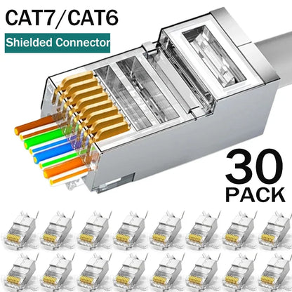 1/10/30Pcs, Pass Through RJ45 Cat7/Cat6/Cat5 Shielded Connectors, Crystal End Gold-Plated 8P8C Crimp UTP Ethernet Modular Plug