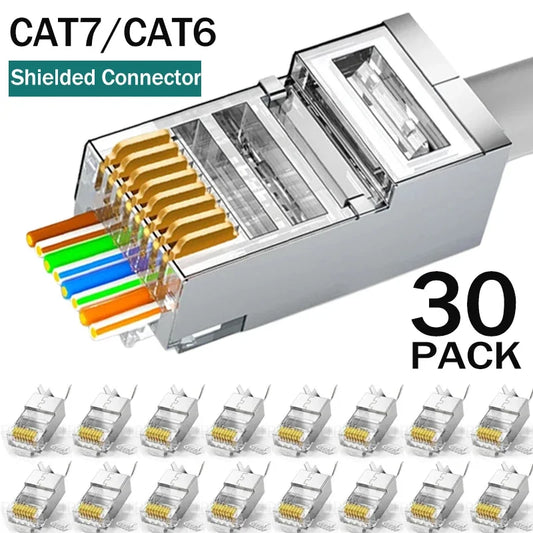 1/10/30Pcs, Pass Through RJ45 Cat7/Cat6/Cat5 Shielded Connectors, Crystal End Gold-Plated 8P8C Crimp UTP Ethernet Modular Plug