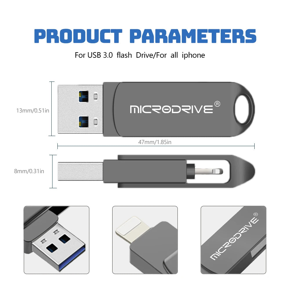 OTG Flash Drive USB 3.0 for iPhone with 2-in-1 USB-to-Lightning & USB 3.0 Pendrive for iPhone 6/7/8/11/12/13/14 / for iPad