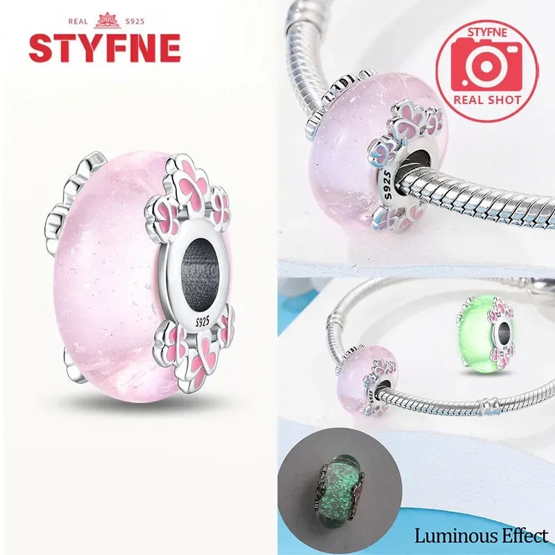 925 Sterling Silver Pink Color Series Beads Heart Flower Murano Glass DIY Jewelry Charms Fit Original Bracelet for Women Fine Gifts