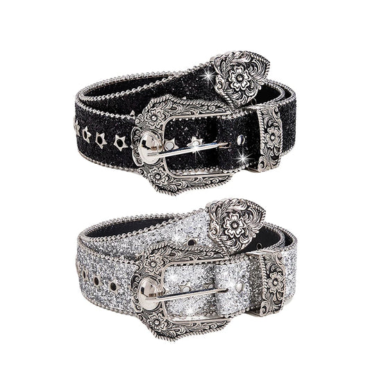 Personality Gothic Rhinestone Belts For Women Girl, Fashion PU Leather Belts, Western Cowboy Y2K Retro Jeans Skirt Decor Waistband