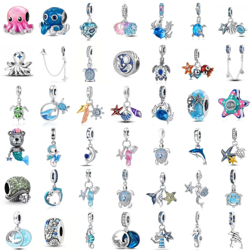 New 925 Silver Octopus crab Charm Bead Sea turtle starfish Seahorse dolphin Pendant Fit Original Bracelet Women DIY Jewelry Gift