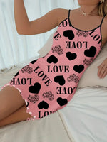 Women Summer Camisole Nightgown, Backless Heart LOVE Print Soft Breathable Sleepwear, Ruffle Hem Round Neck Night Dress