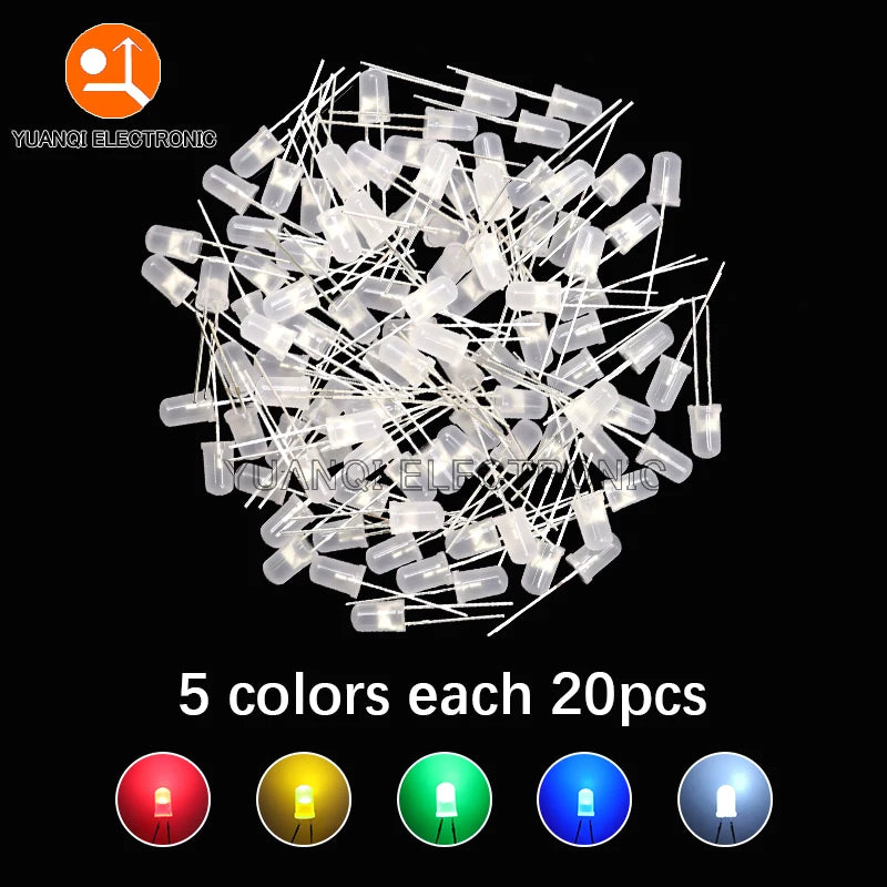 5mm LED Diode, F5 Assorted Kit, White Green Red Blue Yellow Orange Pink Purple Warm White, DIY Light Emitting Diode