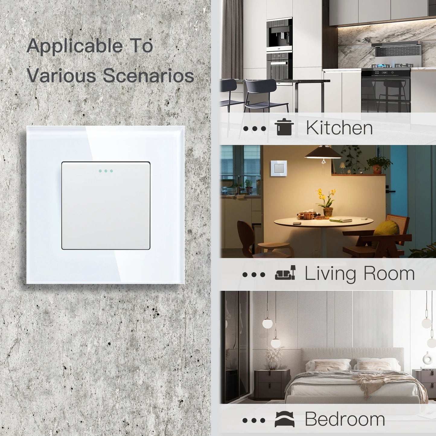 BSEED Mechanical Wall Light Switch Button Switch 1/2/3Gang 1Way Crystal Glass Panel Power Switch Switch On Off 250V White Black