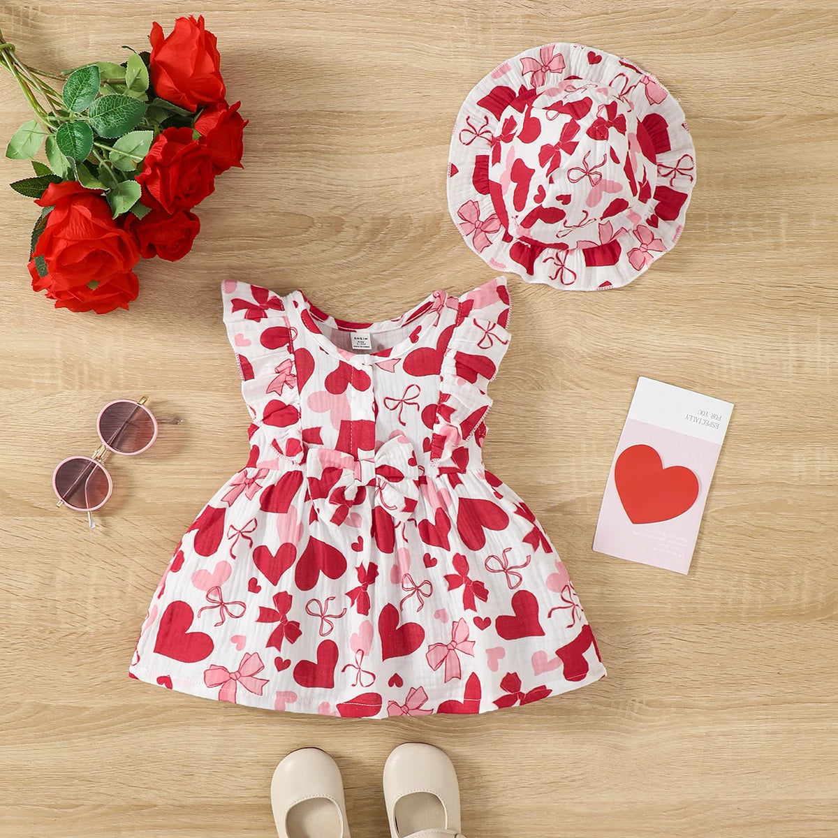2Pcs, Dress Clothes Set, Newborn Baby Girl Love Print Sleeveless Dress With Hat Summer Fashion Cute Wear for Infant Girl 0-9Months