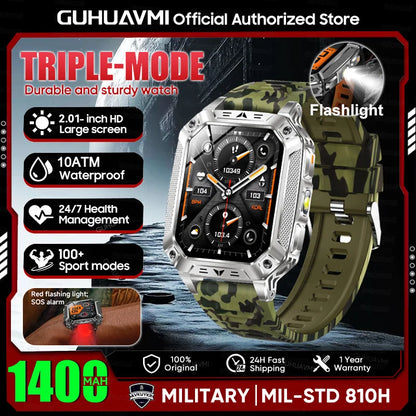 2026 New Military 1400mAh Battery Smart Watch LED Flashlight 10ATM Waterproof Heart Rate Voice Call Men 120+Sports Smart watchs