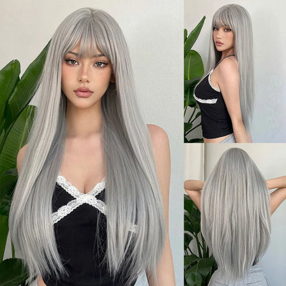 White Long Straight Synthetic Wigs for Women, Colorful Cosplay Party Fake Hair with Bangs, White Wig, HighTemperature Fiber, HENRY MARGU