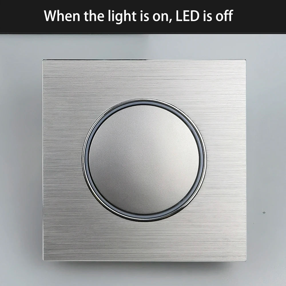 Wallpad Wall Switch 1 Way 2 Way, Circle Round Button, Blue LED Indicator, Brushed Aluminum Finishing, Black Gold SIlver Brown
