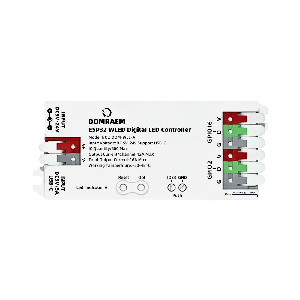 DOMRAEM ESP32 USB-C WLED Digital LED controller RGB IC DIY APP 16A fuse Works with HA/MQTT/Alex WS2811/12/12B/14/05 Sk6812 Strip