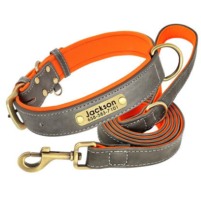 Customized Leather Dog Collar Leash Set, Soft Padded Leather Collar For Small Medium Large Dogs With Free Engraved Nameplate