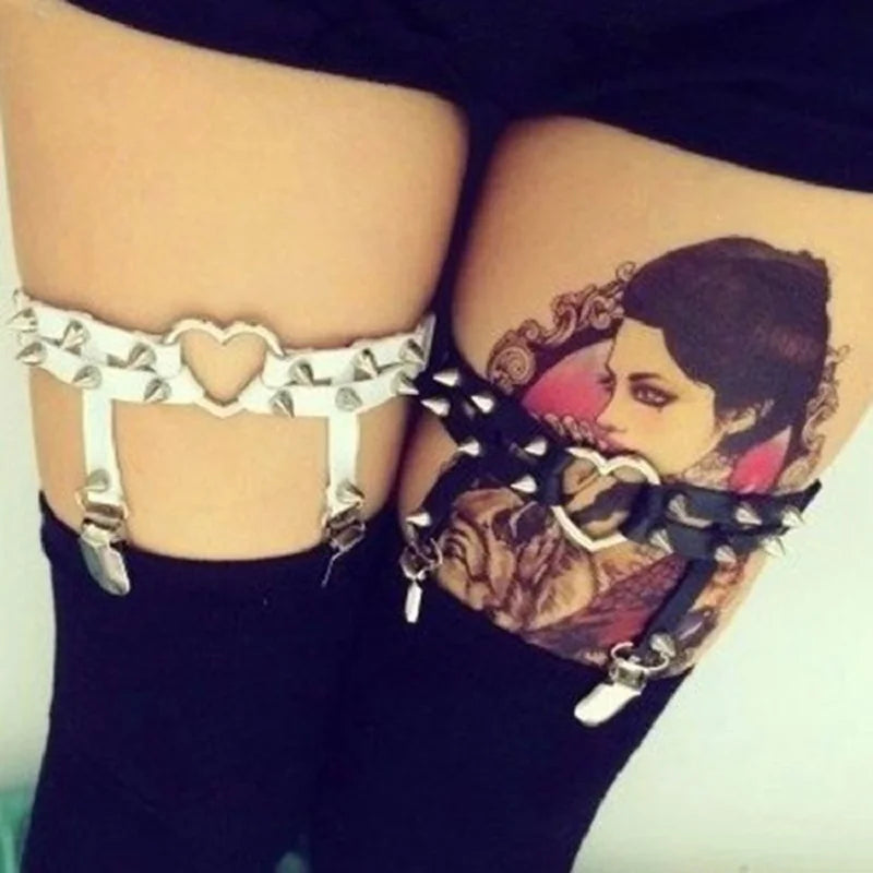 Liguero punk sexy con pinchos, cinturón elástico de roca con remaches, 2 clips, arnés gótico Harajuku para mujer, ligas con tachuelas, medias, liguero